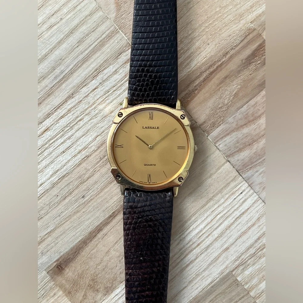 Lassale Super Rare Watch Hardy-Roma Leather Strap Gold-Tone Case, Dial, Hands